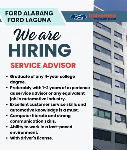 Jobtalk - Service Advisor vacancy in Muntinlupa! Hiring by Dearborn Motors Co. Inc.