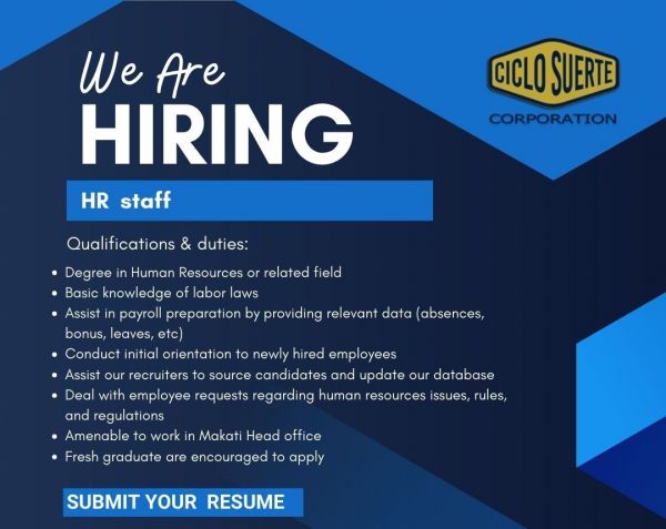 Jobtalk - HR Staff vacancy in Makati! Hiring by Ciclo Suerte Corporation