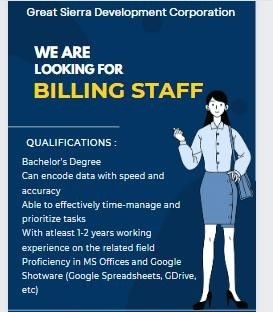 Jobtalk - Billing Assistant vacancy in Quezon City! Hiring by Great Sierra Development Corp.