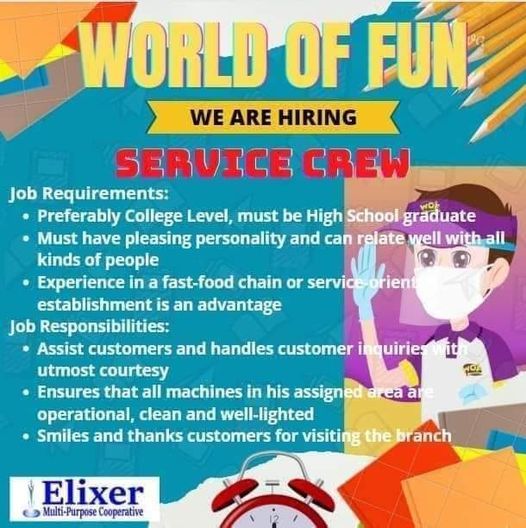 Jobtalk - Service Crew vacancy in Tagbilaran City! Hiring by World of Fun
