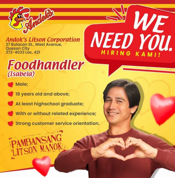 Jobtalk - Food Server vacancy in Cabarroguis! Hiring by Andok's Litson Corporation