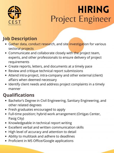 Jobtalk - Project Engineer vacancy in Pasig! Hiring by CEST Incorporated