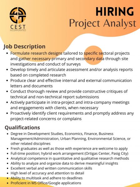 Jobtalk - Project Management Analyst vacancy in Pasig! Hiring by CEST Incorporated
