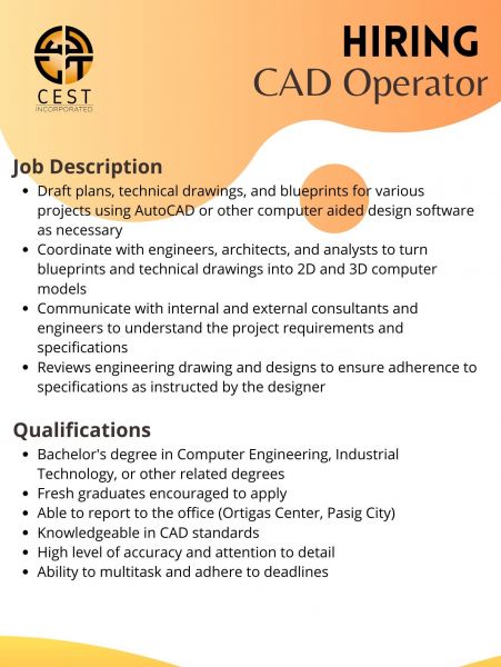 Jobtalk - Autocad Operator vacancy in Pasig! Hiring by CEST Incorporated