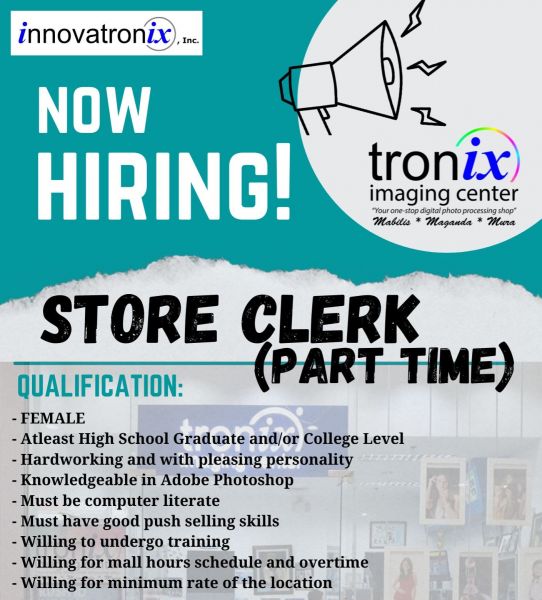 Jobtalk - Store Clerk vacancy in Lipa City! Hiring by Tronix Imaging Center
