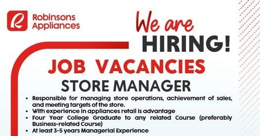 Jobtalk - Store Manager vacancy in Meycauayan City! Hiring by Robinsons Appliances