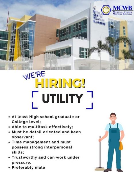 Jobtalk - Utility Staff vacancy in Balayan! Hiring by Medical Center Western Batangas