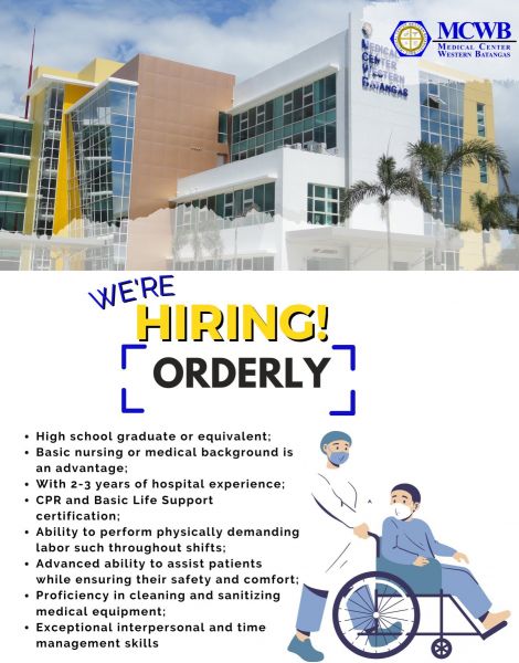 Jobtalk - Orderly Attendant vacancy in Balayan! Hiring by Medical Center Western Batangas