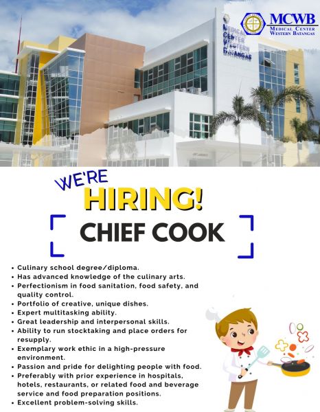 Jobtalk - Head Cook vacancy in Balayan! Hiring by Medical Center Western Batangas