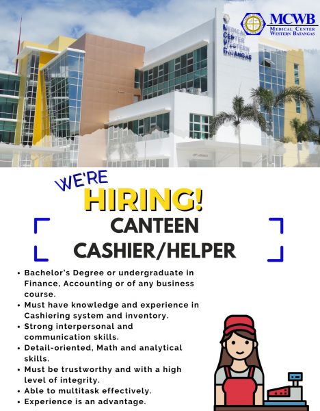 Jobtalk - Cashier vacancy in Balayan! Hiring by Medical Center Western Batangas