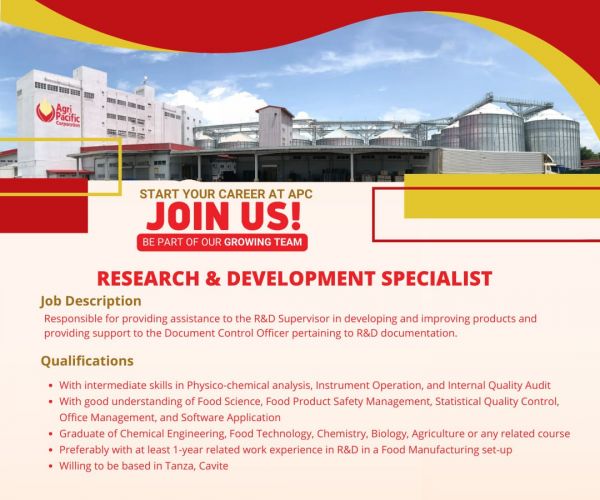 Jobtalk - Research & Development Specialist vacancy in Tanza! Hiring by Agri Pacific Corporation