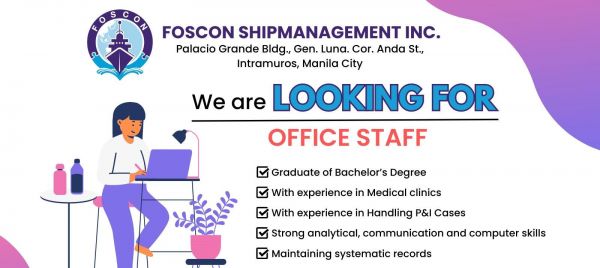 Jobtalk - Office Staff vacancy in Intramuros! Hiring by FOSCON Shipmanagement Inc.