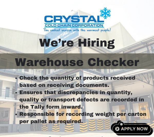 Jobtalk - Warehouse Checker vacancy in Navotas! Hiring by Crystalcold Storage Corporation