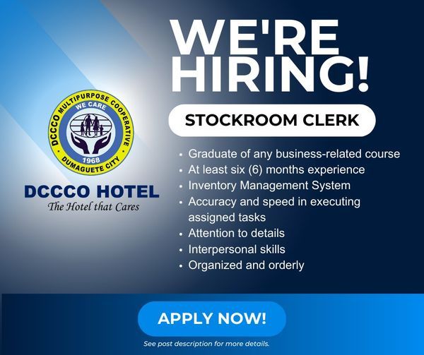 Jobtalk - Stockroom Clerk vacancy in Dumaguete City! Hiring by DCCCO Hotel