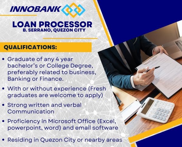 Jobtalk - Loan Processor vacancy in Quezon City! Hiring by INNOBANK