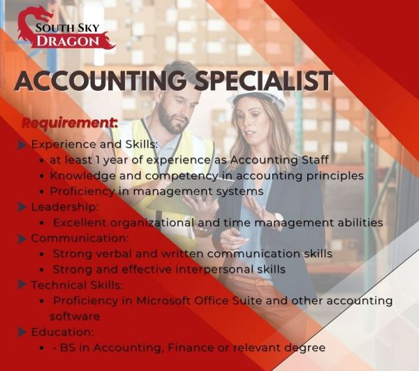 Jobtalk - Accounting Specialist vacancy in San Pedro City! Hiring by South Sky Dragon Wellness Corp.