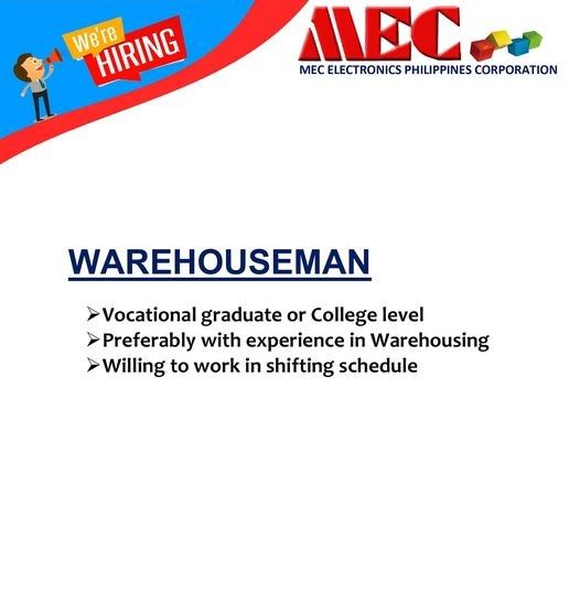 Jobtalk - Warehouseman vacancy in Rosario! Hiring by MEC Electronics Philippines Corporation
