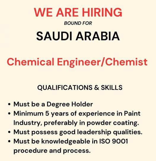 Jobtalk - Looking for Chemist bound for Saudi Arabia! Recruited and managed by Sanguine Global Staff Resources Corp.