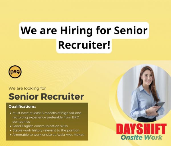 Jobtalk - Senior Recruiter vacancy in Makati! Hiring by PSG Global Solutions