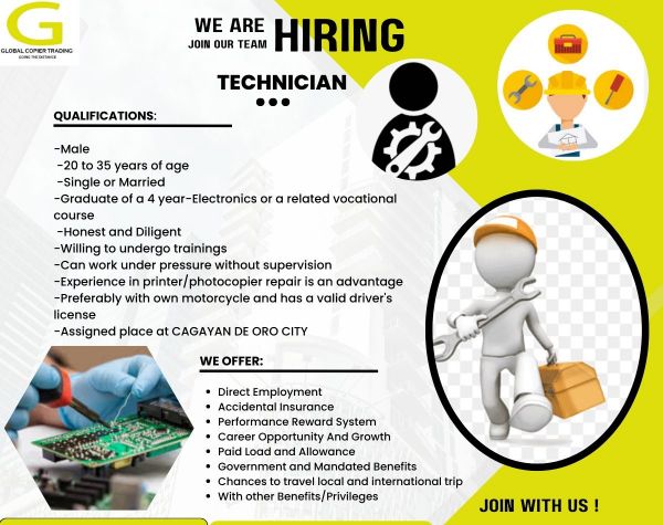 Jobtalk - Technician vacancy in Cagayan De Oro City! Hiring by Global Copier Trading
