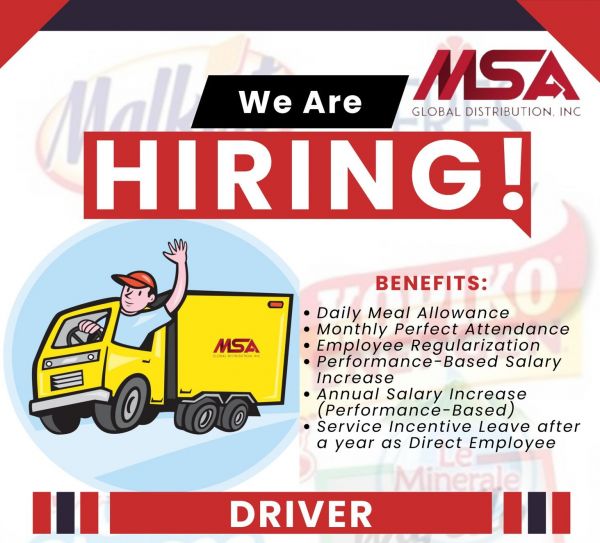 Jobtalk - Driver vacancy in General Trias! Hiring by MSA Global Distribution Inc.