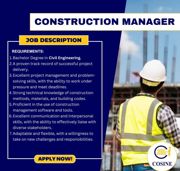 Jobtalk - Construction Manager vacancy in Quezon City! Hiring by Cosine Industries Inc.