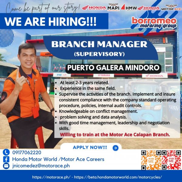 Jobtalk - Branch Manager Trainee, Filipino bilingual vacancy in Puerto Galera! Hiring by Borromeo Motoring Group